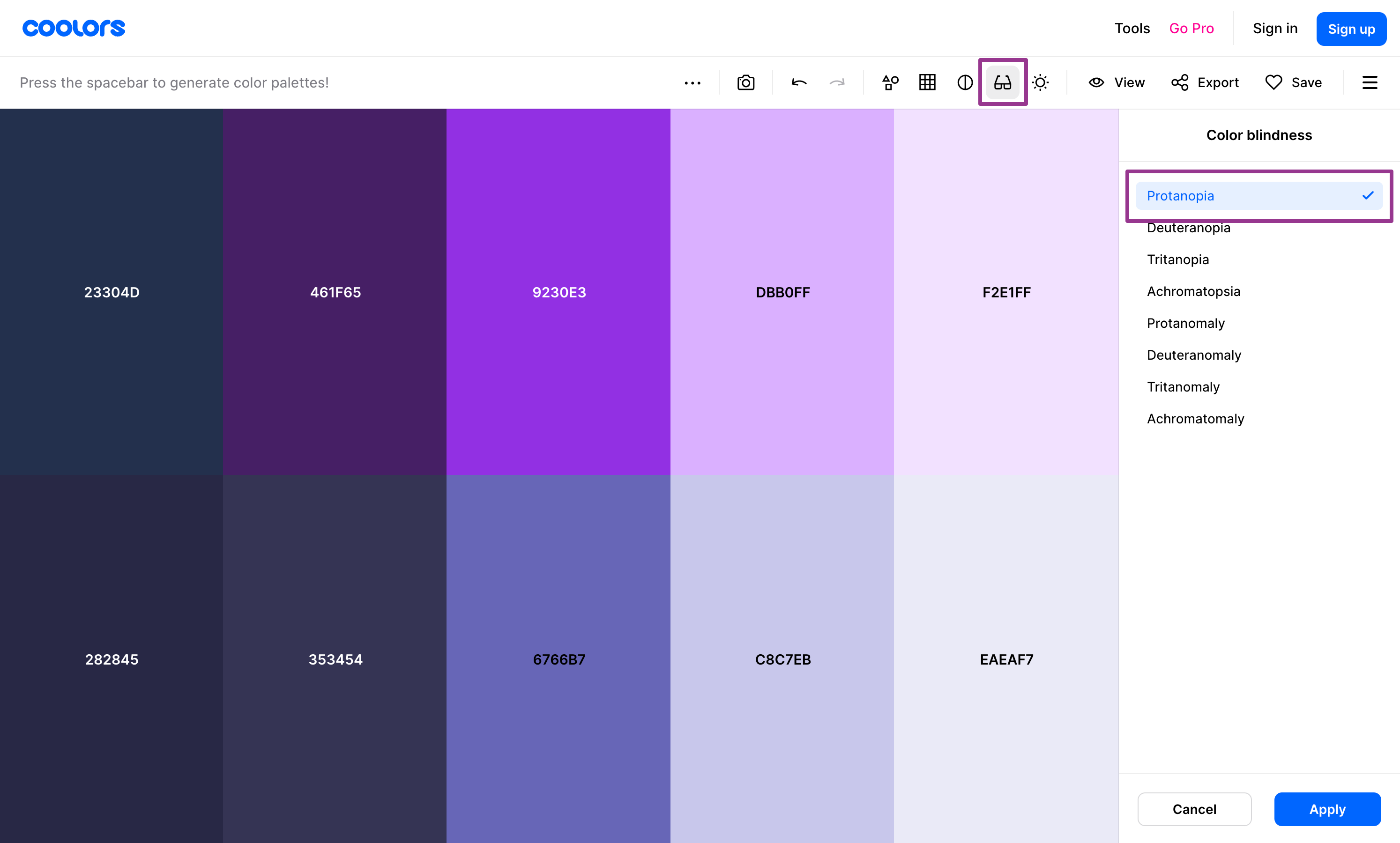 Coolrs colour palette testing