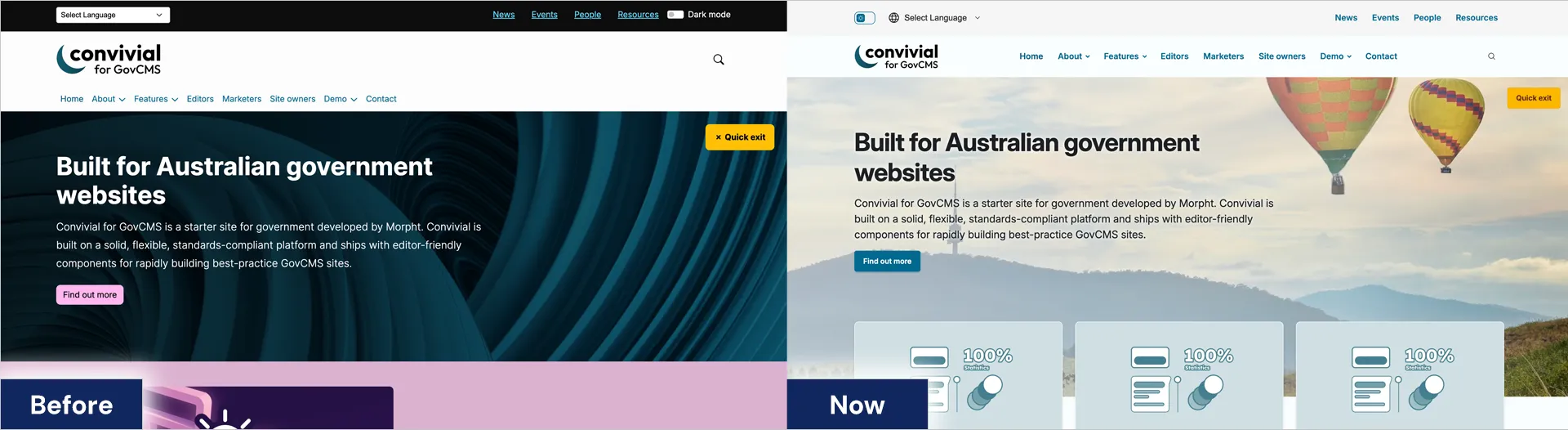 A screenshot example of Convivial built with Bootstrap next to an example of Convivial built with daisyUI