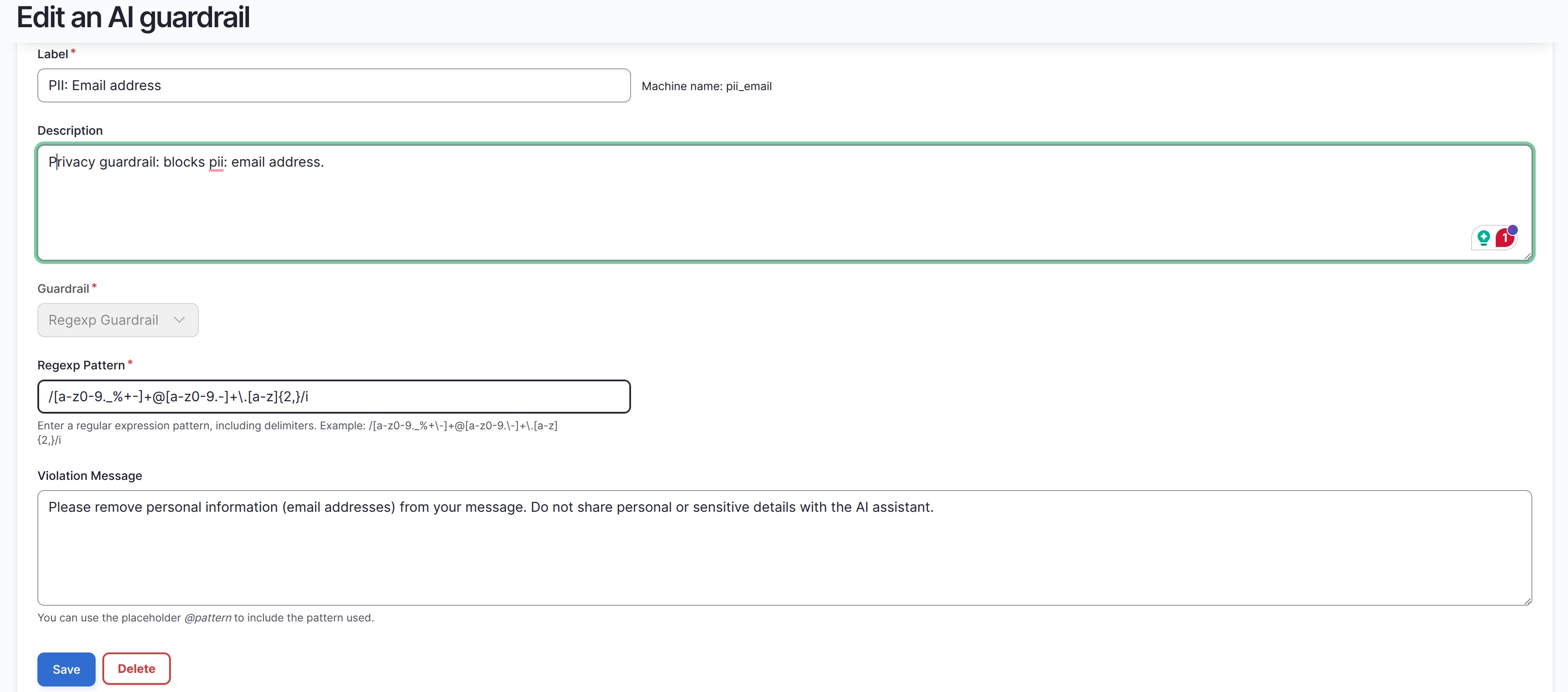 Editing the PII: Email address guardrail: Regexp Guardrail plugin, pattern, and a violation message asking the user to remove personal information