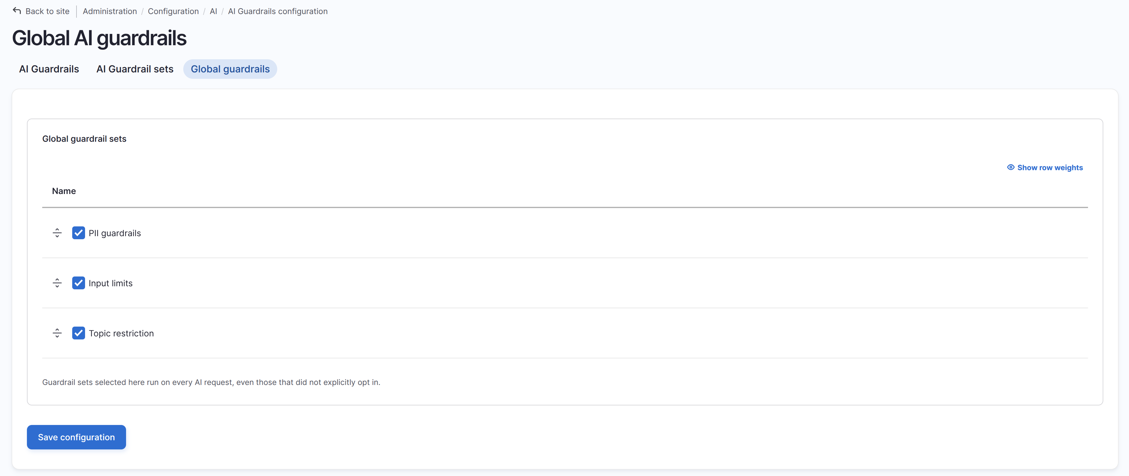 The Global AI guardrails page, with the GovCMS PII guardrails, GovCMS input limits and Topic Restriction sets enabled site-wide