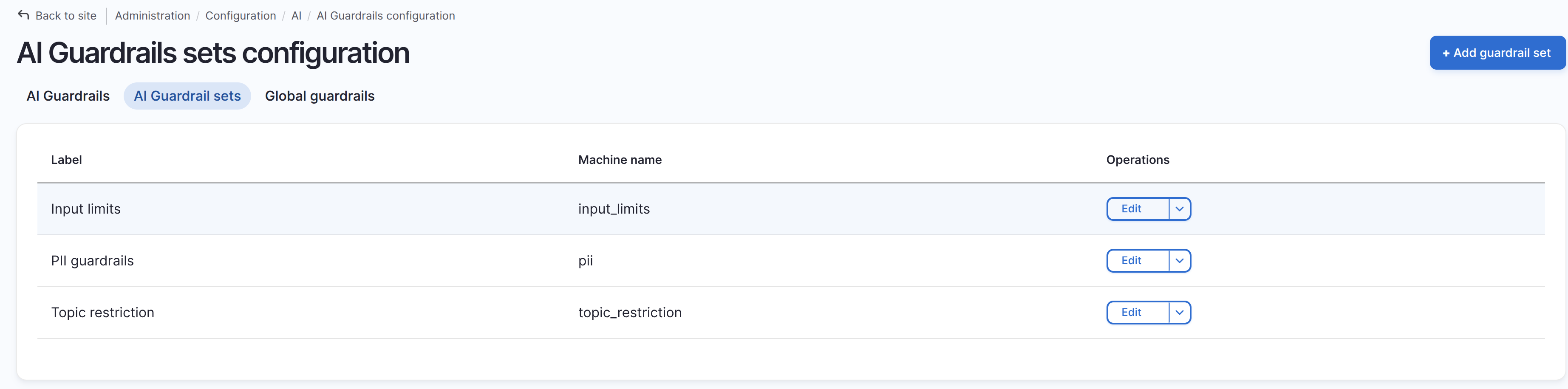 The AI Guardrail sets listing with three sets: input limits, PII guardrails, and topic restriction
