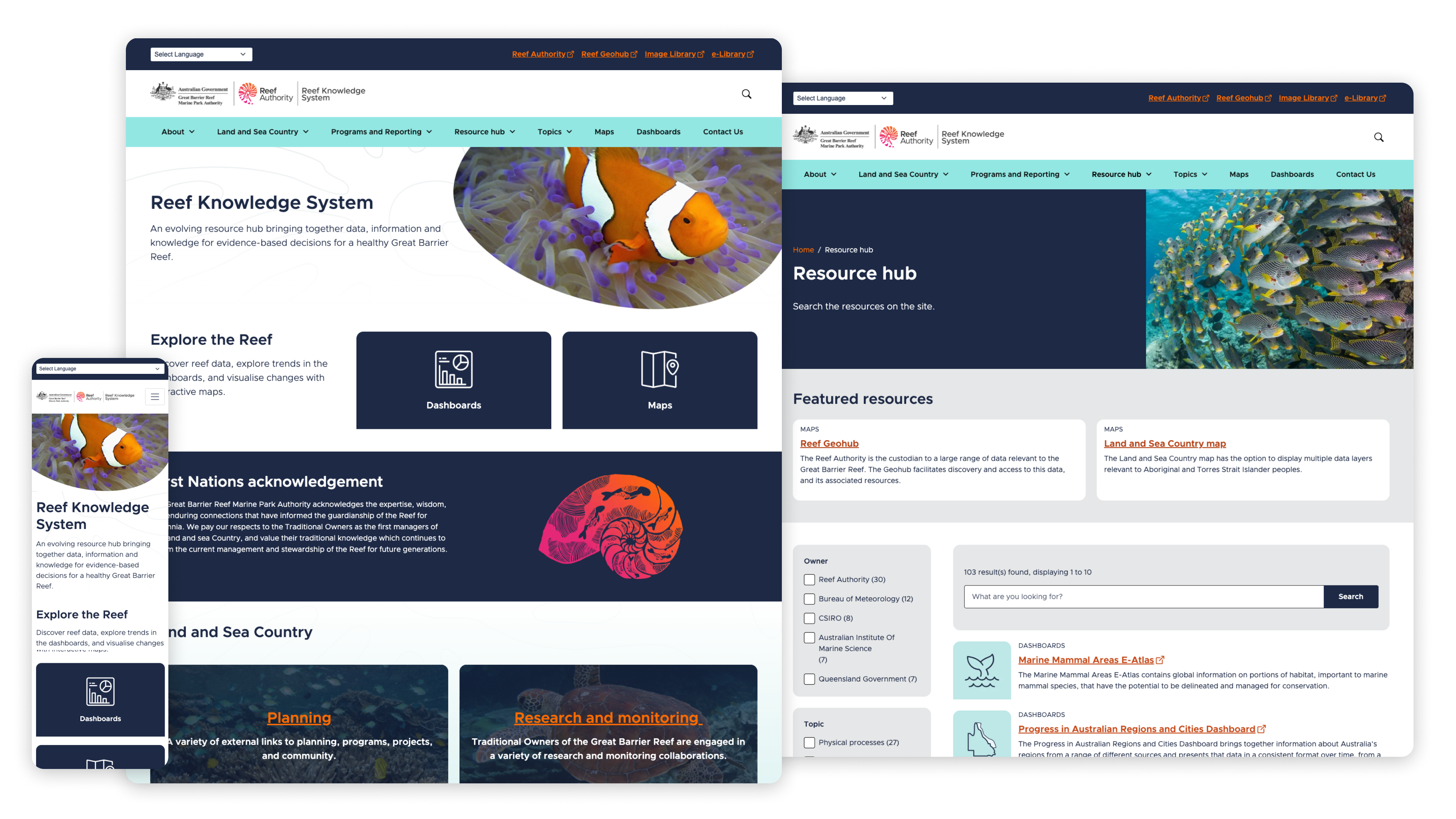 Various screenshots of the Reef Knowledge System (RKS) website