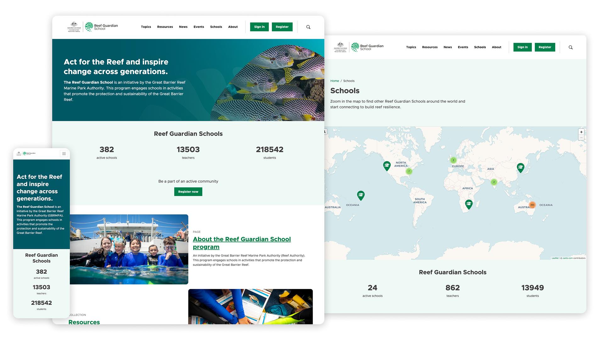 The Reef Guardian School website screenshots
