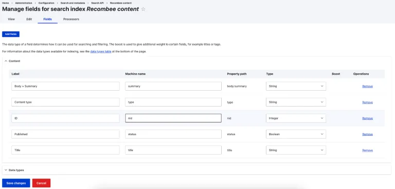 Admin screen for managing fields for search index Recombee content