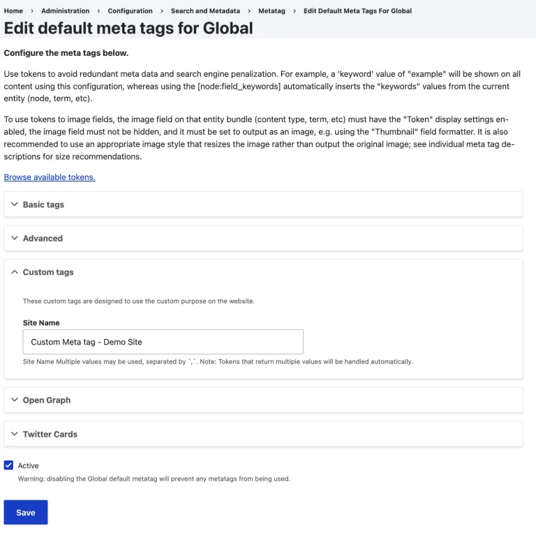 Edit default meta tags