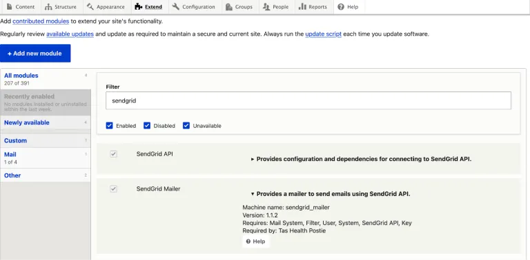 Extend page - enable the SendGrid Mailer module