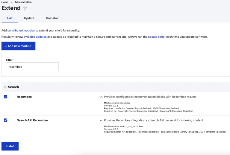 Drupal Extend page - Recombee modules
