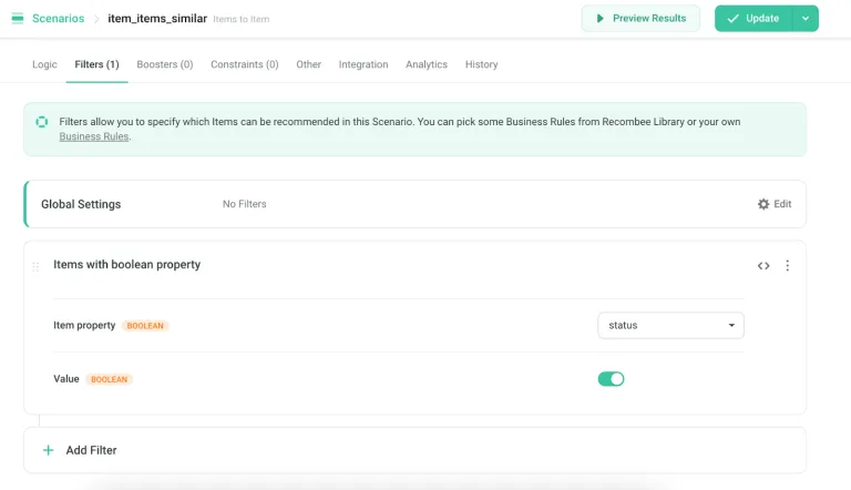 Recombee scenario filters