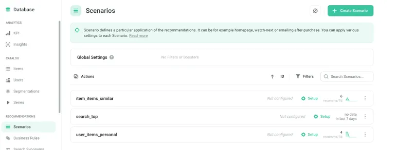 Recombee scenarios dashboard