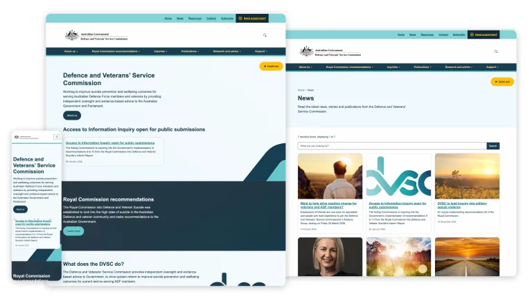 Screenshots of the DVSC website homepage, news and mobile design