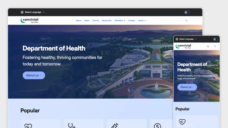 Convivial for Gov - Homepage on desktop and mobile