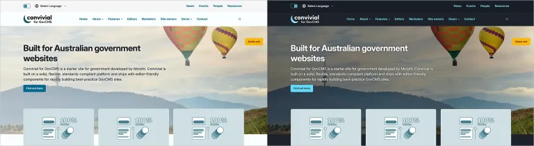 Convivial home page in light and dark scheme modes
