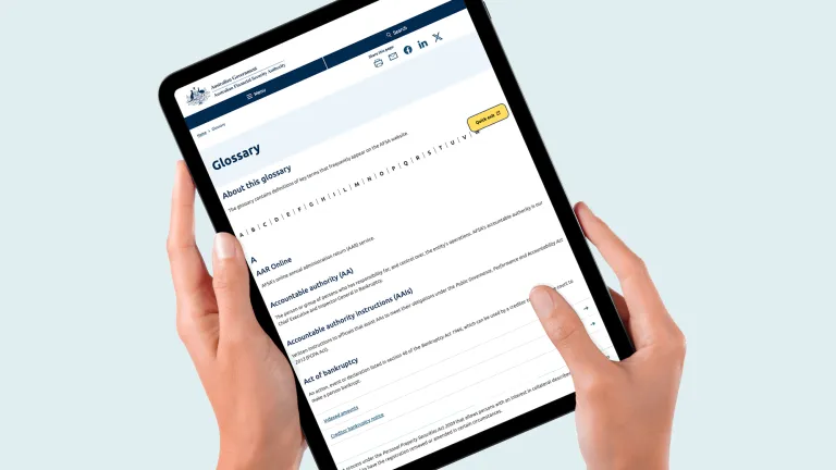 PPSR glossary page on an iPad