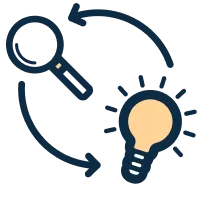 Magnifying glass and idea lightbulb in a cycle of arrows